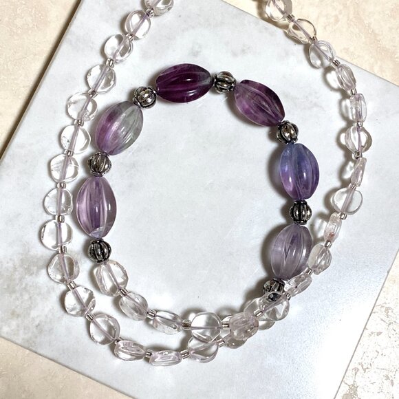 Genuine Purple Fluorite Beaded Choker, Natural Gemstone Bib Necklace - Picture 2 of 15